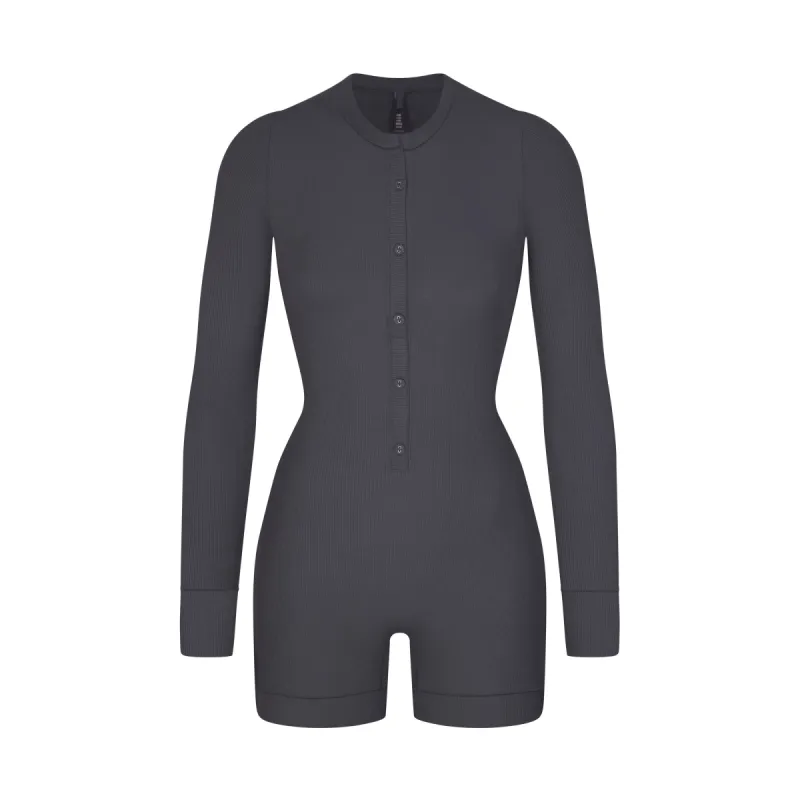 SOFT LOUNGE BUTTON UP HENLEY ONESIE | GRAPHITE sold by SKIMS