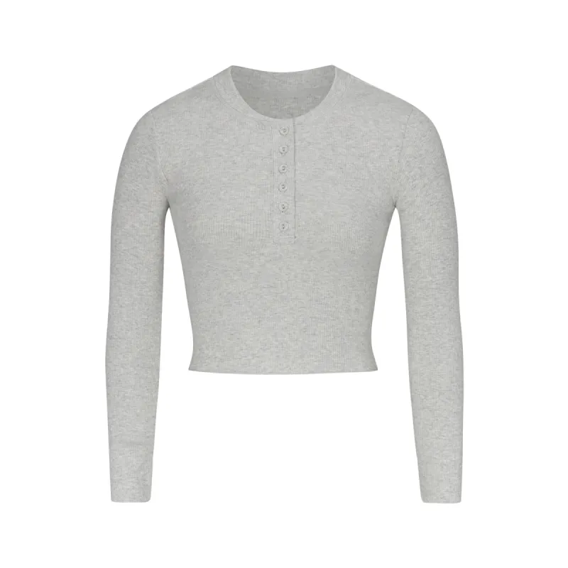 COTTON RIB LONG SLEEVE CROP HENLEY | LIGHT HEATHER GREY sold by SKIMS