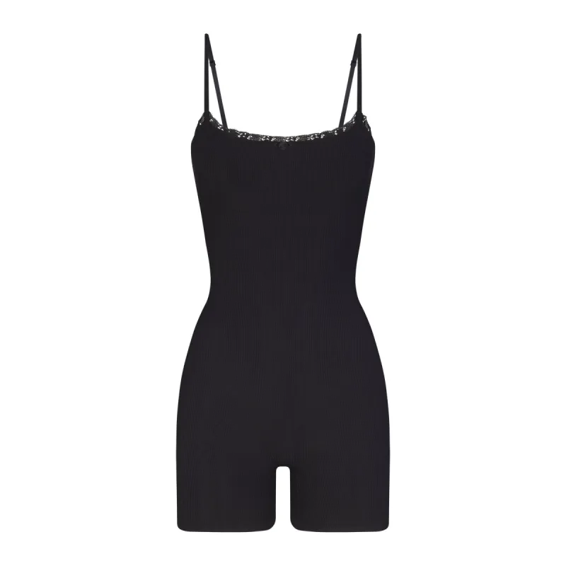 SOFT LOUNGE LACE SCOOP ONESIE | ONYX sold by SKIMS