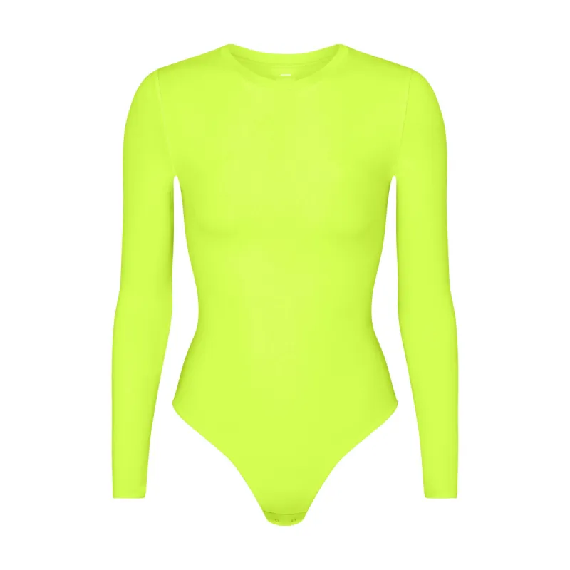 FITS EVERYBODY LONG SLEEVE CREW NECK BODYSUIT | GREEN HIGHLIGHTER sold by SKIMS