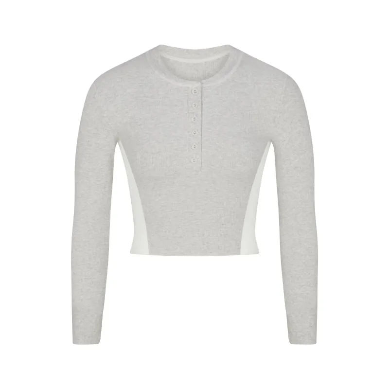 COTTON RIB LONG SLEEVE CROP HENLEY | LIGHT HEATHER GREY MULTI sold by SKIMS