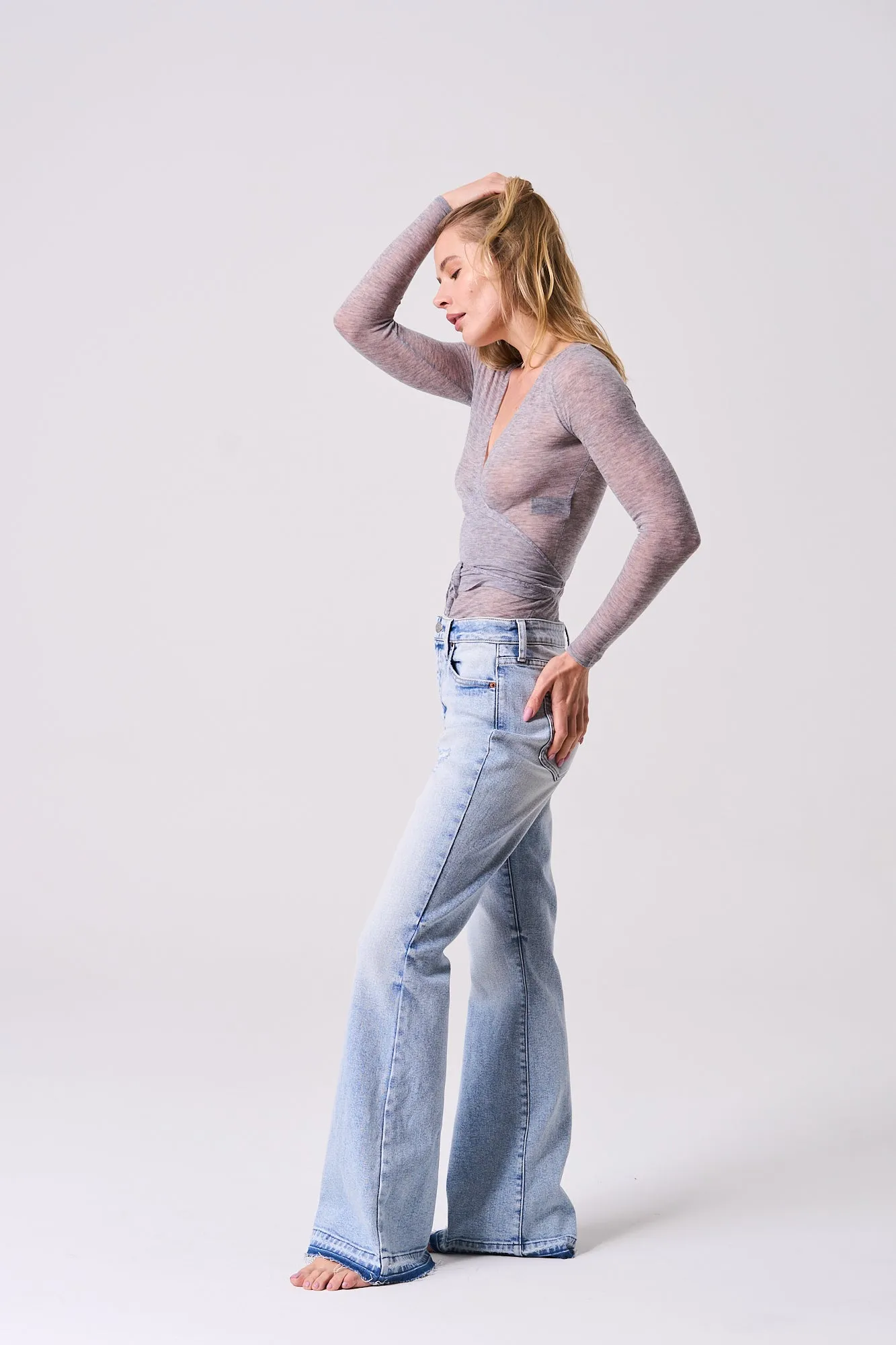HIGH RISE FLARE JEANS WITH RELEASE HEM - SUPER LIGHT sold by Sneak Peek product image thumbnail 5
