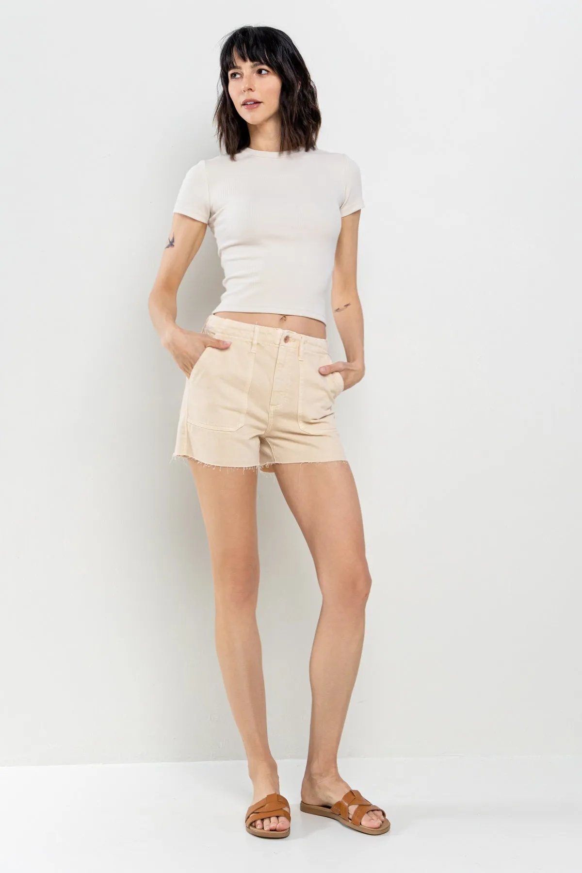 UTILITY RAW CUT HEM SHORTS WITH PORKCHOP POCKETS - BEIGE sold by Sneak Peek product image thumbnail 3