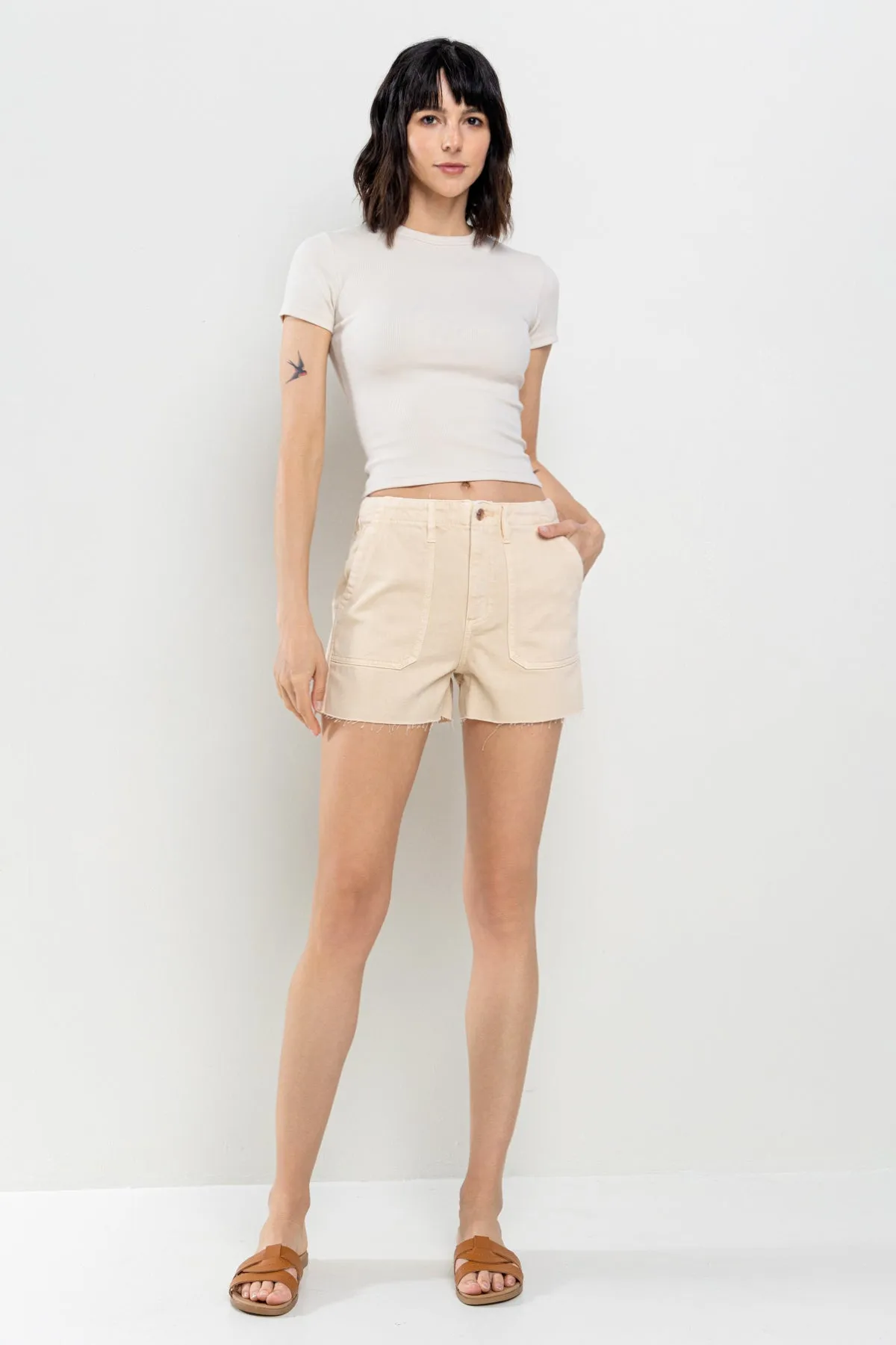 UTILITY RAW CUT HEM SHORTS WITH PORKCHOP POCKETS - BEIGE sold by Sneak Peek product image thumbnail 5