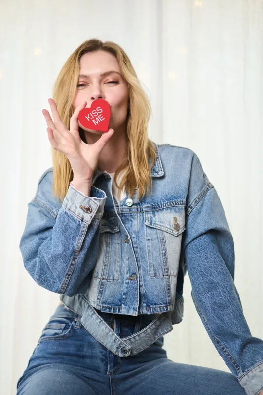 CROPPED DENIM JACKET WITH INTEGRATED BELT - TWO TONE sold by Sneak Peek