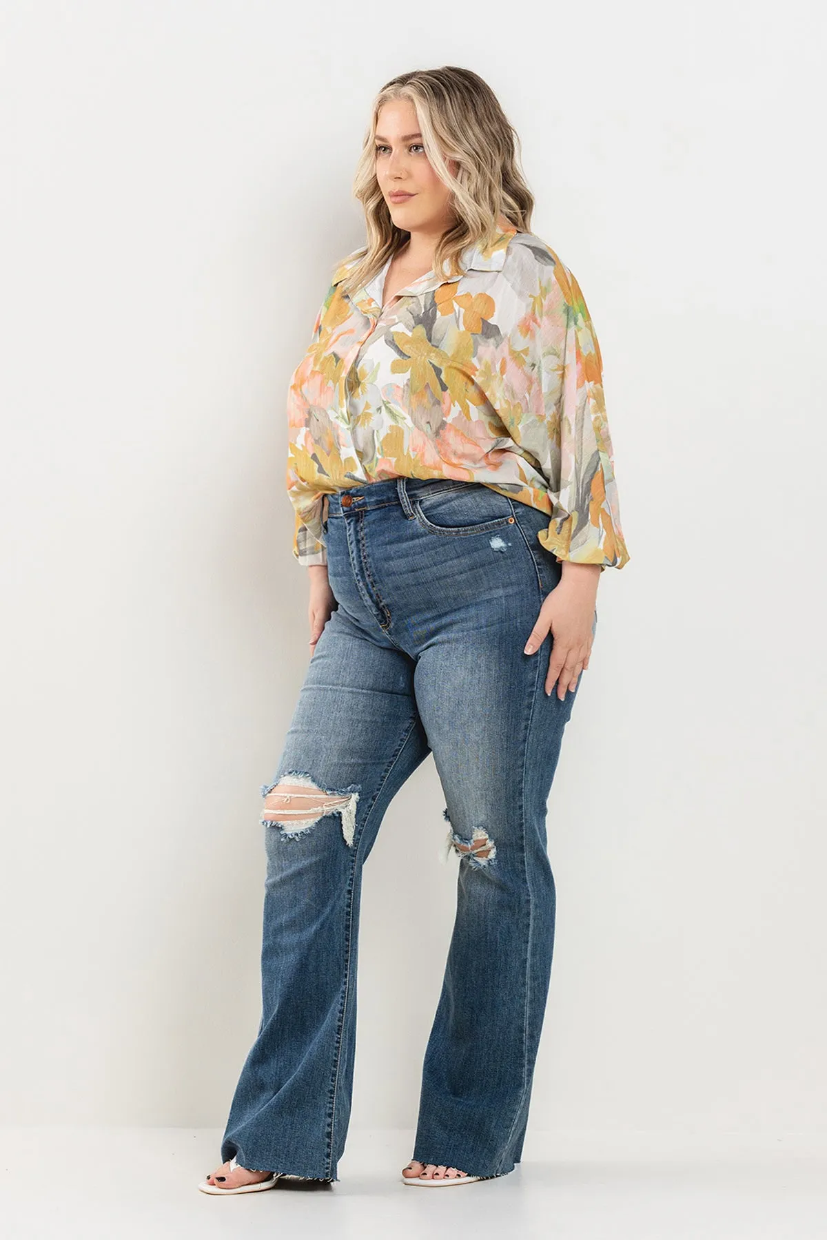 HIGH RISE KNEE DISTRESSED WIDE FLARE LEG JEANS - PLUS sold by Sneak Peek product image thumbnail 4