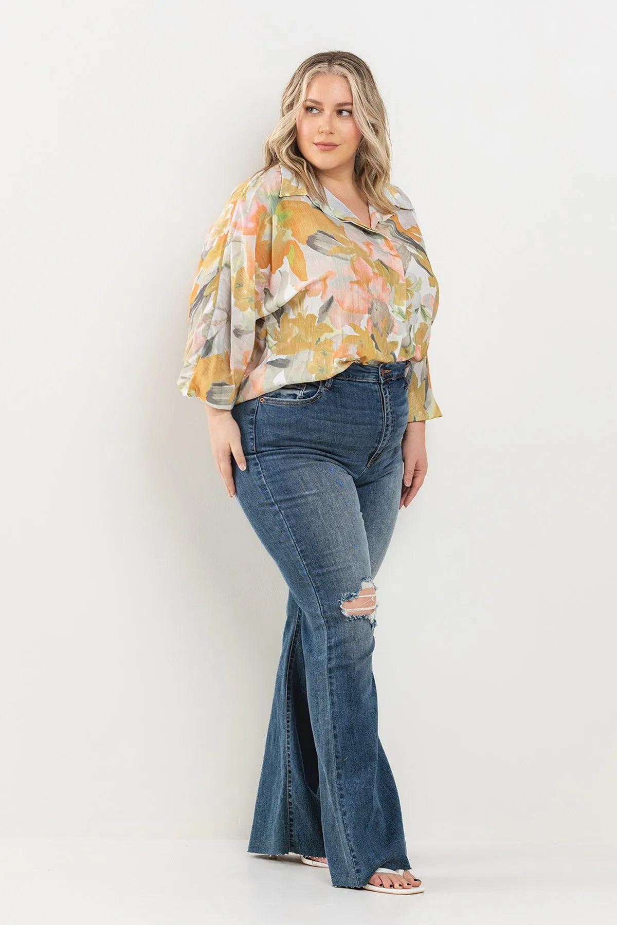 HIGH RISE KNEE DISTRESSED WIDE FLARE LEG JEANS - PLUS sold by Sneak Peek product image thumbnail 2