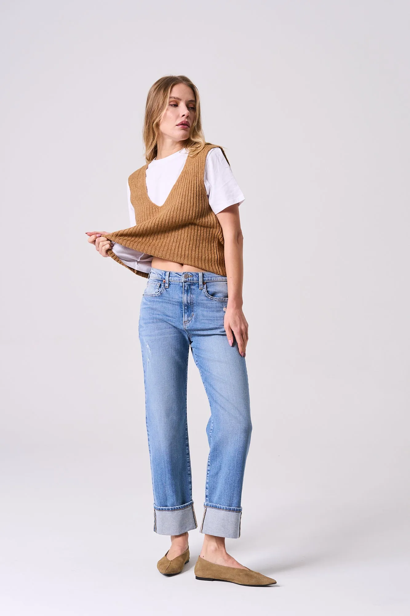 HIGH RISE CUFFED STRAIGHT JEANS - MEDIUM WASH sold by Sneak Peek