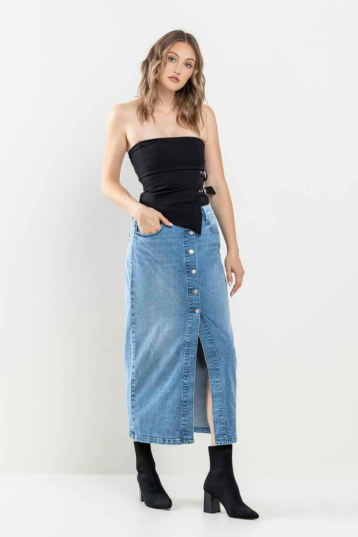 COMFORT STRETCH BUTTON-DOWN MAXI SKIRT - MEDIUM LIGHT sold by Sneak Peek product image thumbnail 3