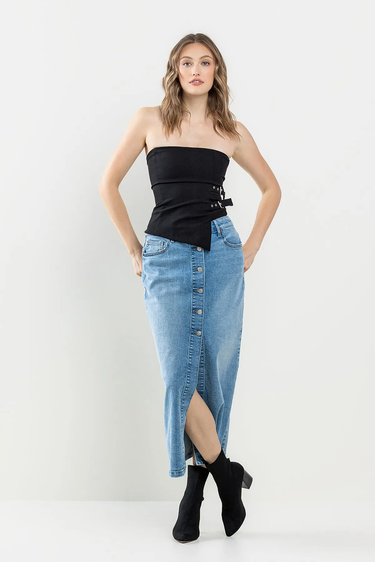 COMFORT STRETCH BUTTON-DOWN MAXI SKIRT - MEDIUM LIGHT sold by Sneak Peek product image thumbnail 5