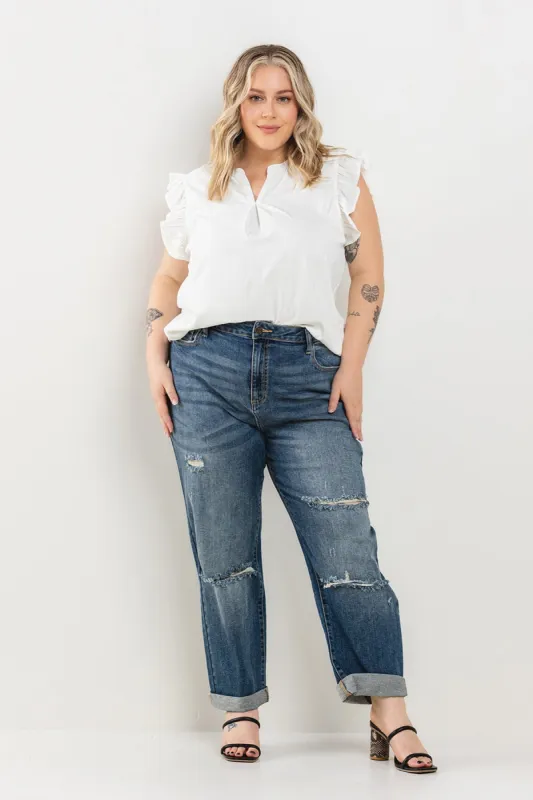 HIGH RISE KNEE DISTRESSED TOMBOY JEANS - PLUS sold by Sneak Peek