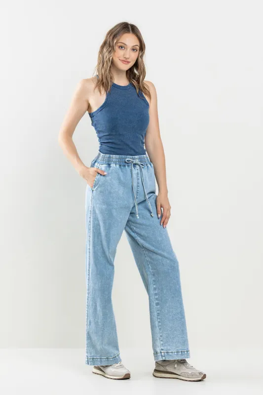 HIGH RISE DRAWSTRING WIDE LEG JEANS - LIGHT WASH sold by Sneak Peek