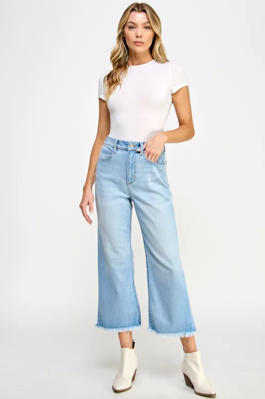 HIGH RISE CROPPED WIDE JEANS WITH FRINGE HEM - MEDIUM LIGHT sold by Sneak Peek