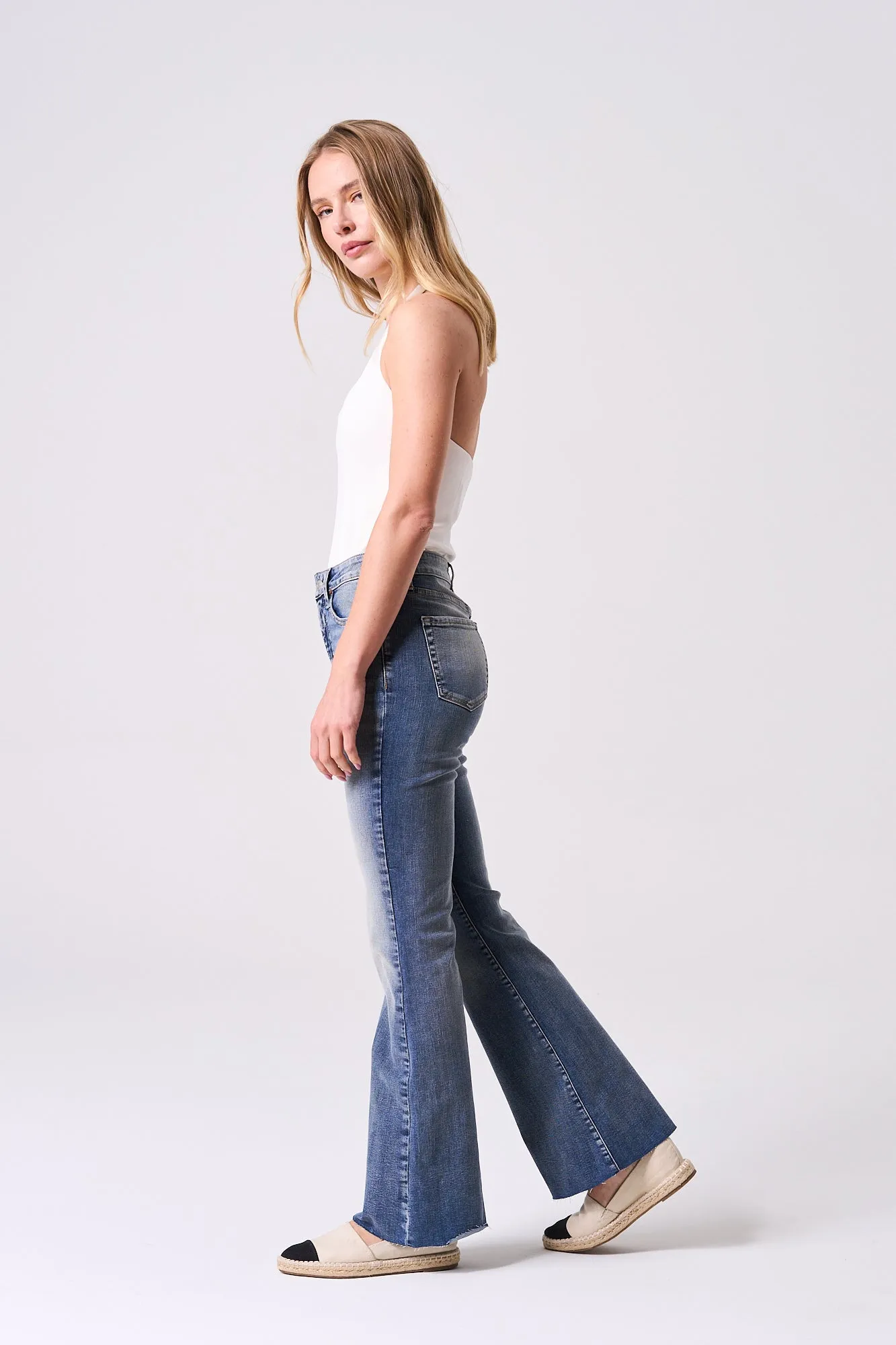 HIGH RISE RAW CUT HEM FLARE JEANS - MEDIUM VINTAGE sold by Sneak Peek product image thumbnail 2