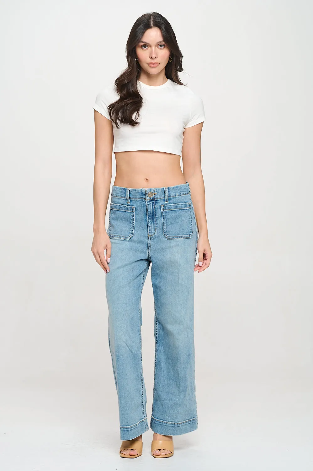 HIGH RISE WIDE LEG JEANS WITH SQUARE FRONT POCKETS - LIGHT WASH sold by Sneak Peek