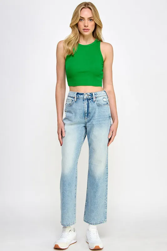 HIGH RISE THIGH-FADED STRAIGHT CROPPED JEANS - LIGHT VINTAGE sold by Sneak Peek