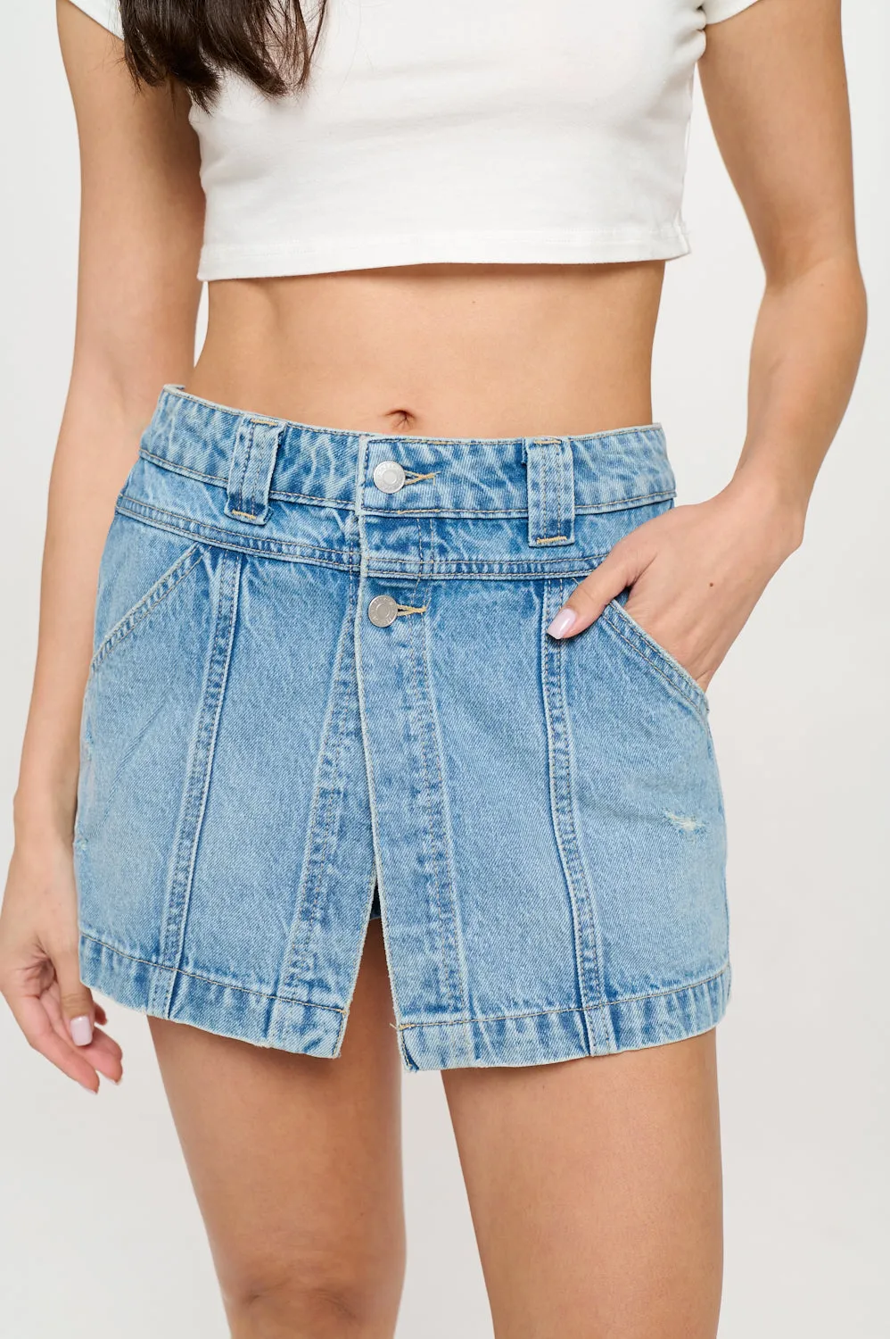 HIGH RISE DENIM MINI SKORT - MEDIUM LIGHT sold by Sneak Peek