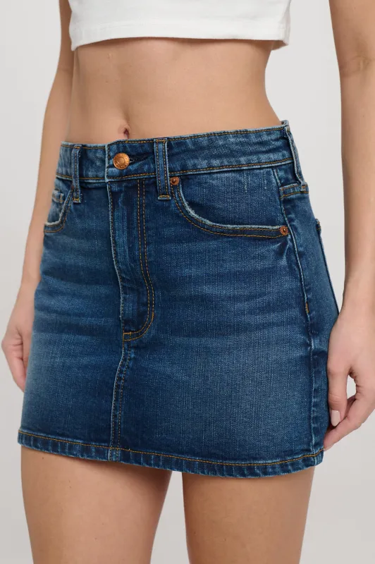 HIGH RISE DENIM MINI SKIRT - DARK WASH sold by Sneak Peek