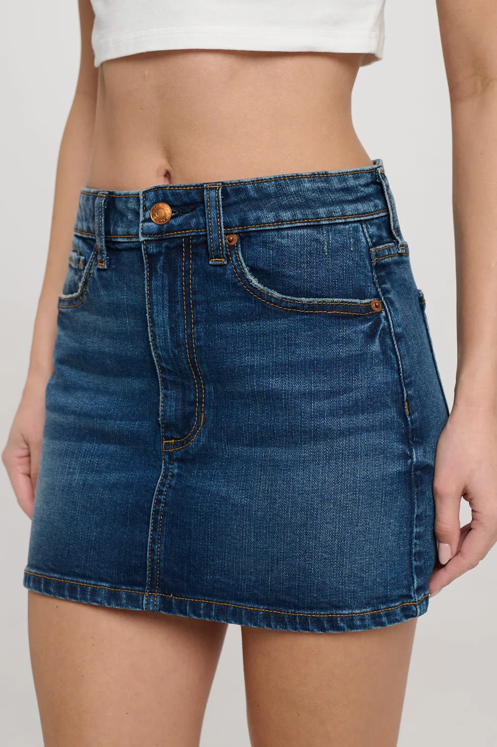 HIGH RISE DENIM MINI SKIRT - DARK WASH sold by Sneak Peek