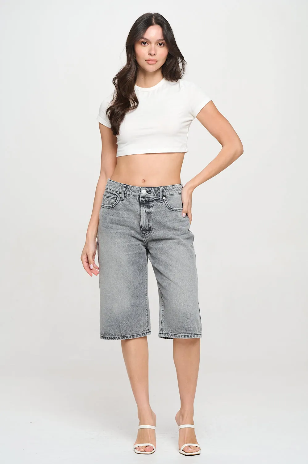 MID-RISE DENIM JORTS - LIGHT GRAY sold by Sneak Peek