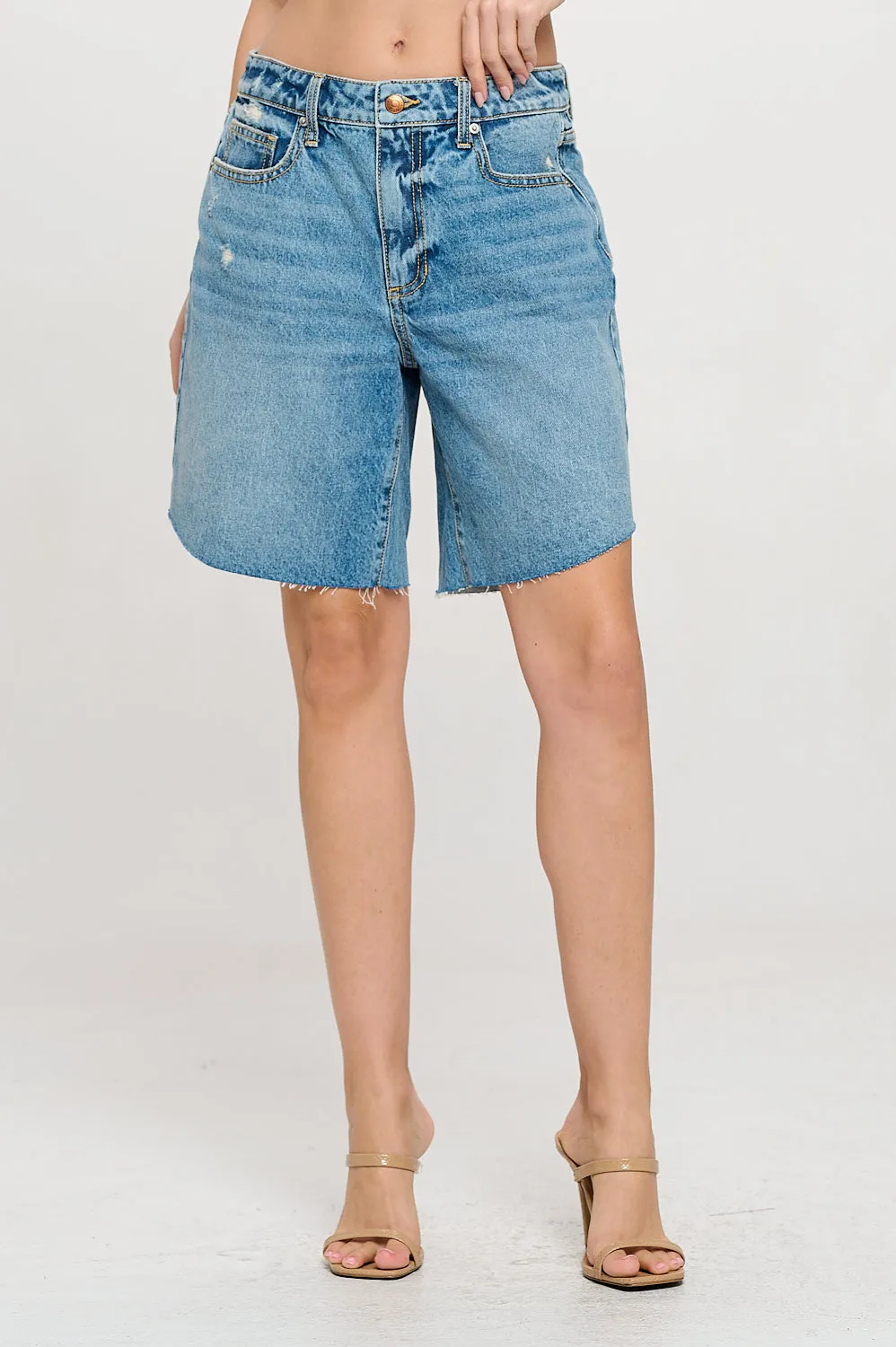 HIGH RISE LIGHT DISTRESSED DENIM SHORTS - MEDIUM DARK sold by Sneak Peek product image thumbnail 2