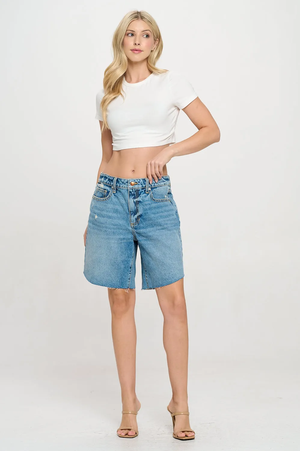 HIGH RISE LIGHT DISTRESSED DENIM SHORTS - MEDIUM DARK sold by Sneak Peek