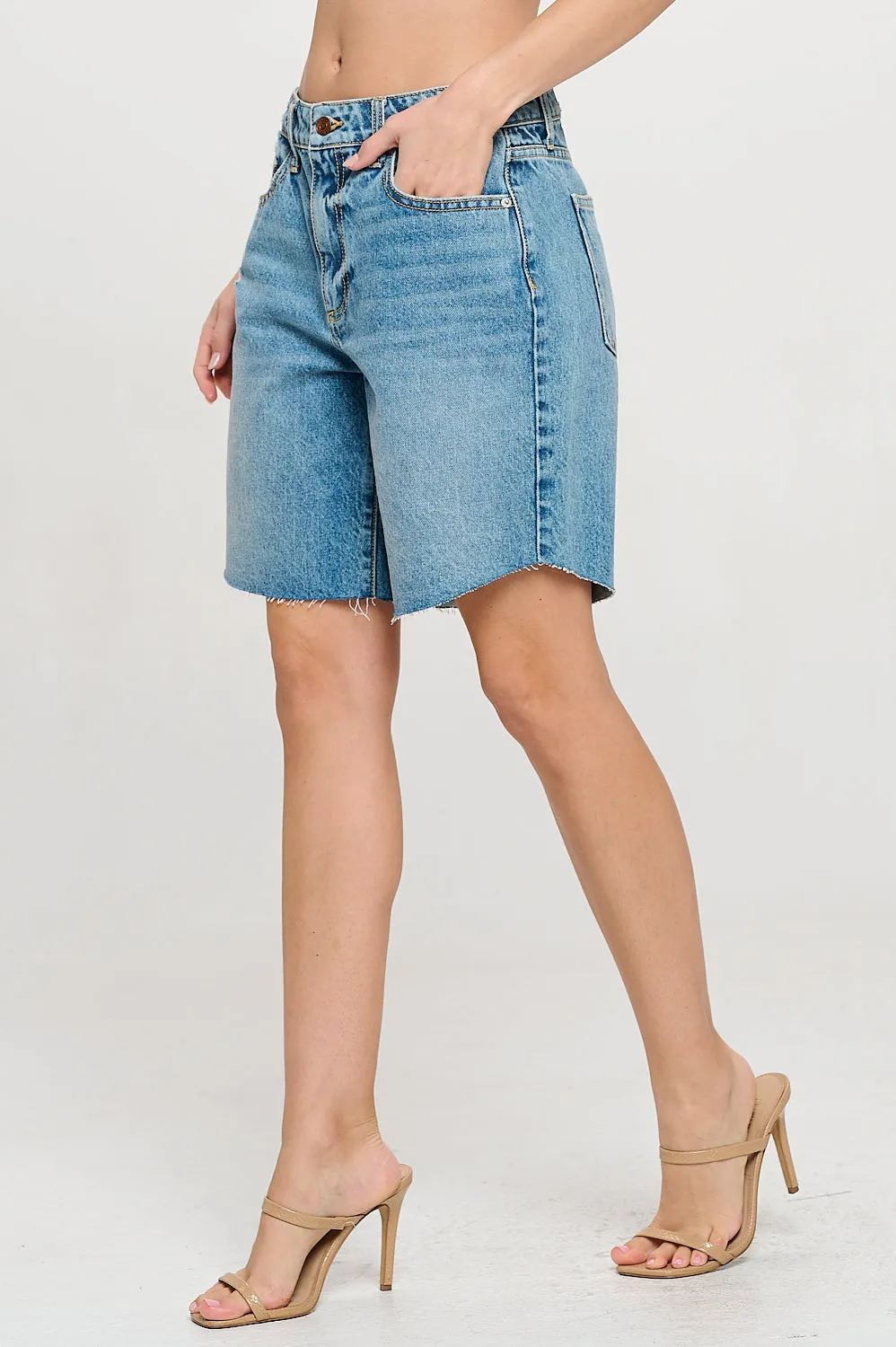 HIGH RISE LIGHT DISTRESSED DENIM SHORTS - MEDIUM DARK sold by Sneak Peek product image thumbnail 3