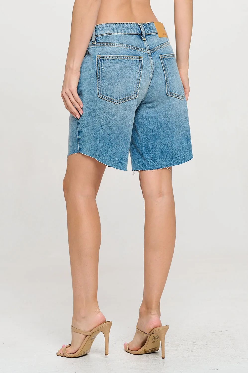 HIGH RISE LIGHT DISTRESSED DENIM SHORTS - MEDIUM DARK sold by Sneak Peek product image thumbnail 4