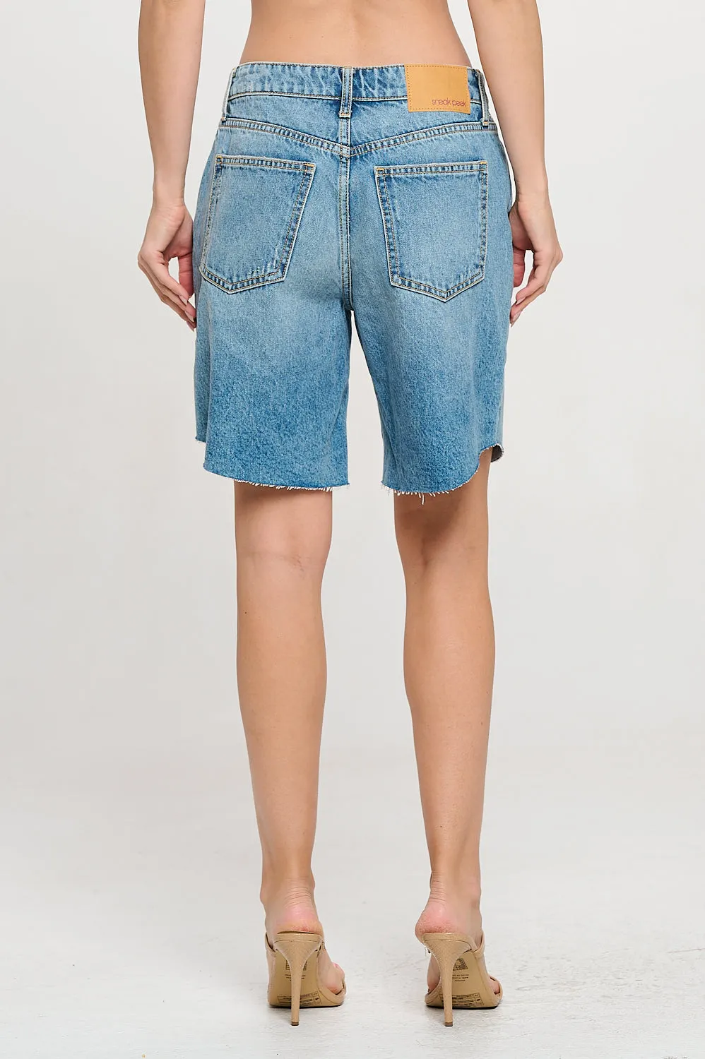 HIGH RISE LIGHT DISTRESSED DENIM SHORTS - MEDIUM DARK sold by Sneak Peek product image thumbnail 5