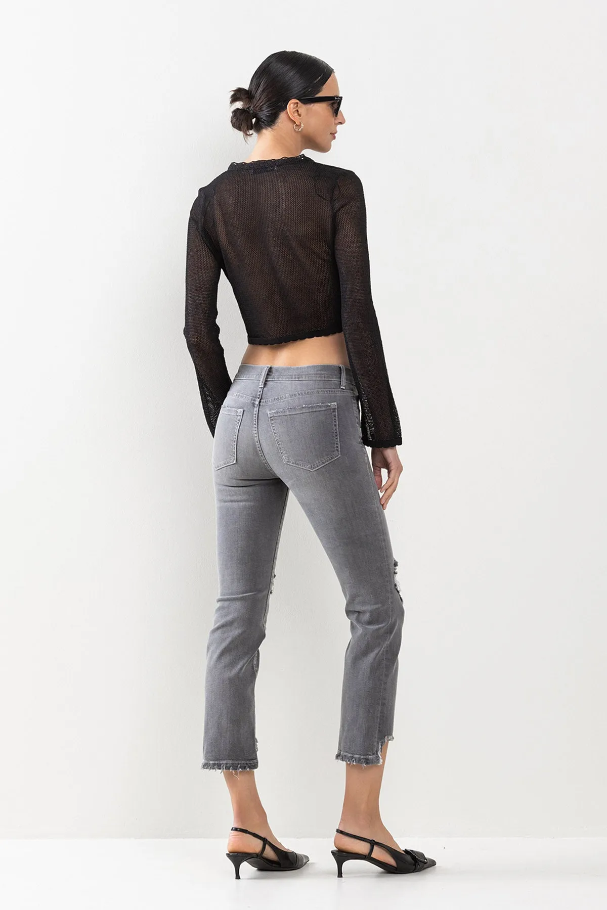 HIGH RISE KNEE DISTRESSED KICK FLARE JEANS - GREY sold by Sneak Peek product image thumbnail 3