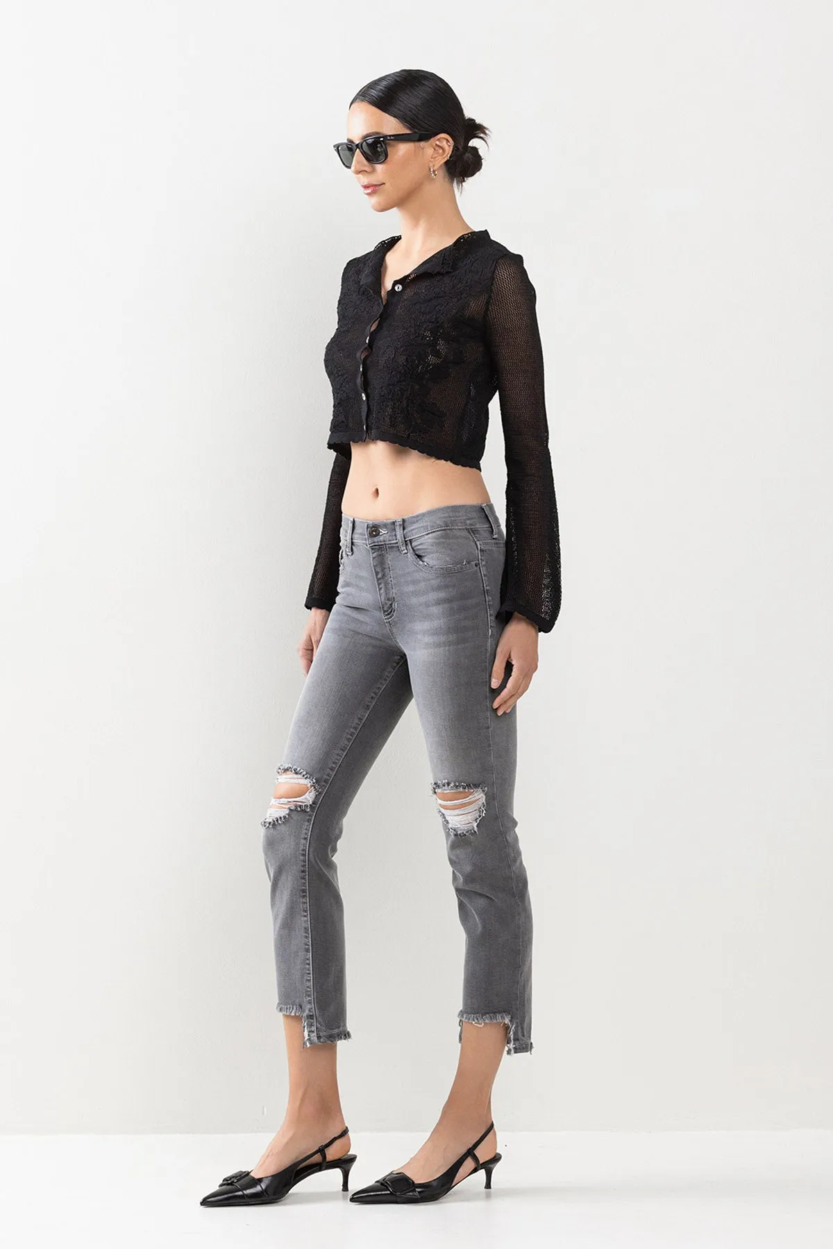 HIGH RISE KNEE DISTRESSED KICK FLARE JEANS - GREY sold by Sneak Peek product image thumbnail 2