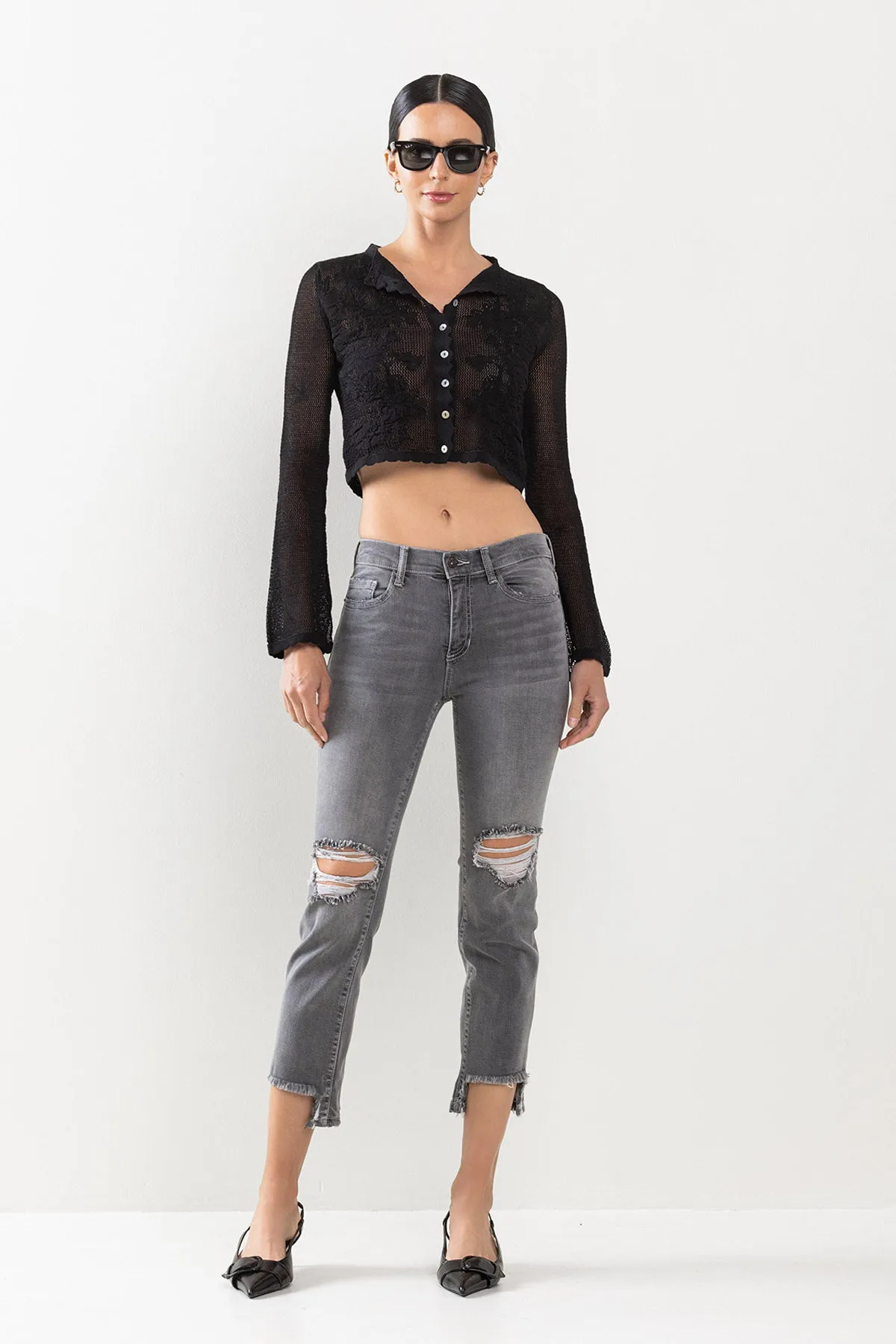 HIGH RISE KNEE DISTRESSED KICK FLARE JEANS - GREY sold by Sneak Peek product image thumbnail 4