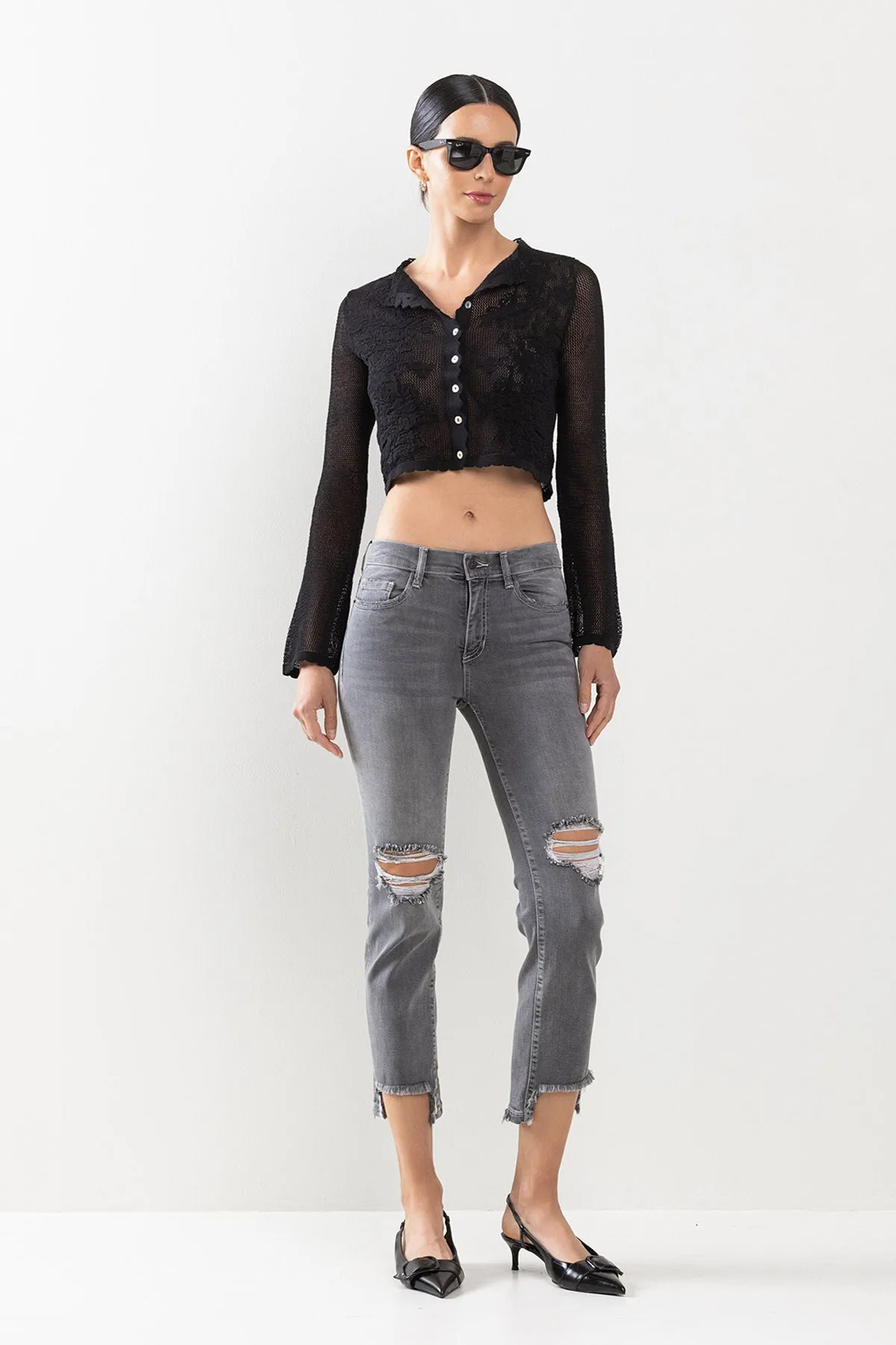 HIGH RISE KNEE DISTRESSED KICK FLARE JEANS - GREY sold by Sneak Peek