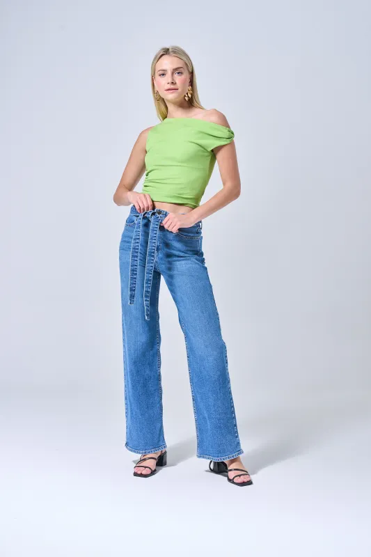 HIGH RISE WIDE LEG BELTED JEANS - MEDIUM DARK made by Sneak Peek