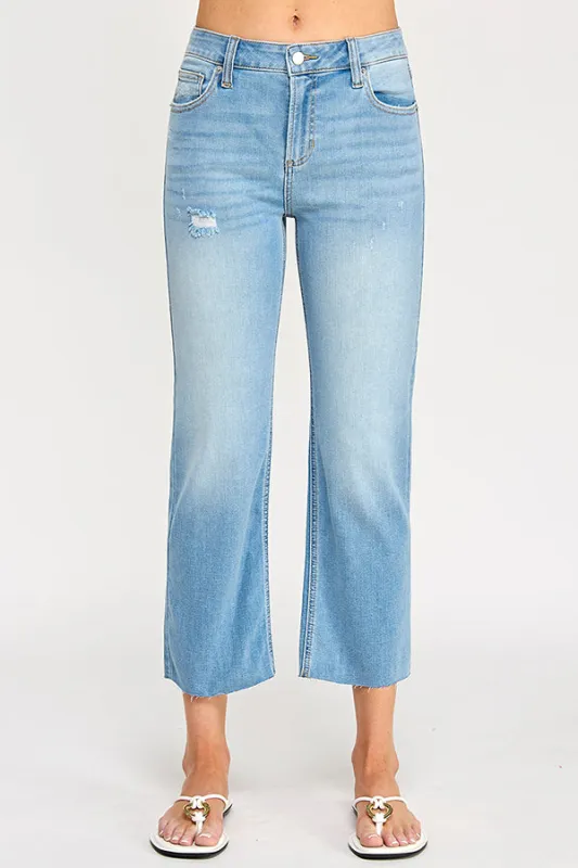 MID RISE CROPPED STRAIGHT JEANS WITH RAW CUT HEM - MEDIUM LIGHT sold by Sneak Peek