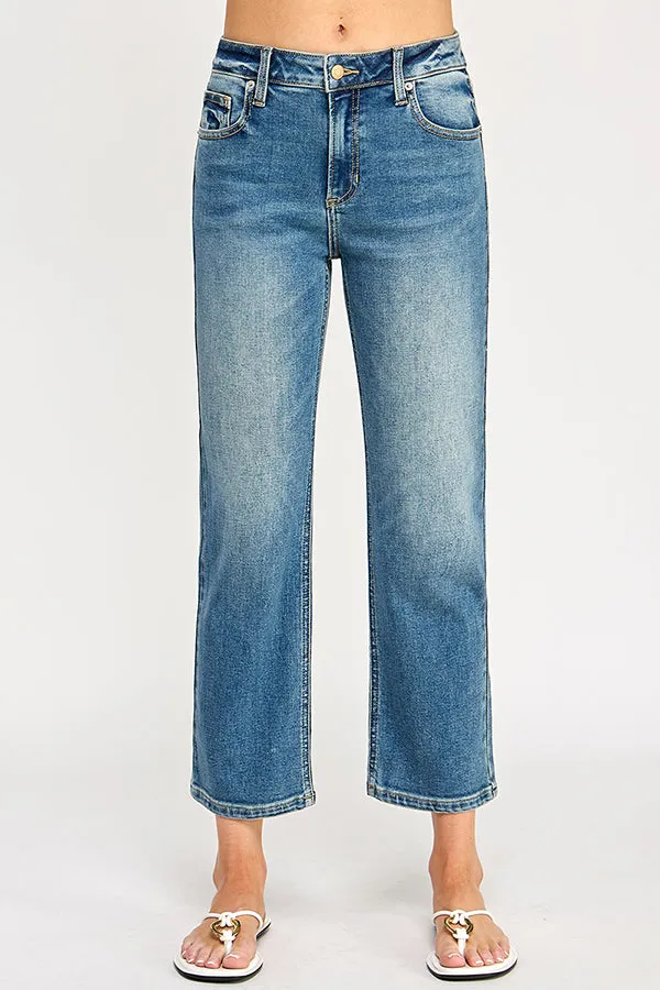 HIGH RISE CROPPED REGULAR STRAIGHT JEANS - MEDIUM DARK sold by Sneak Peek