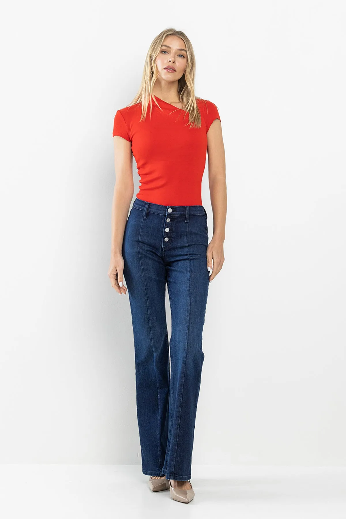 MID RISE CENTER SEAM BUTTON FLY FLARE JEANS - DARK WASH sold by Sneak Peek product image thumbnail 4