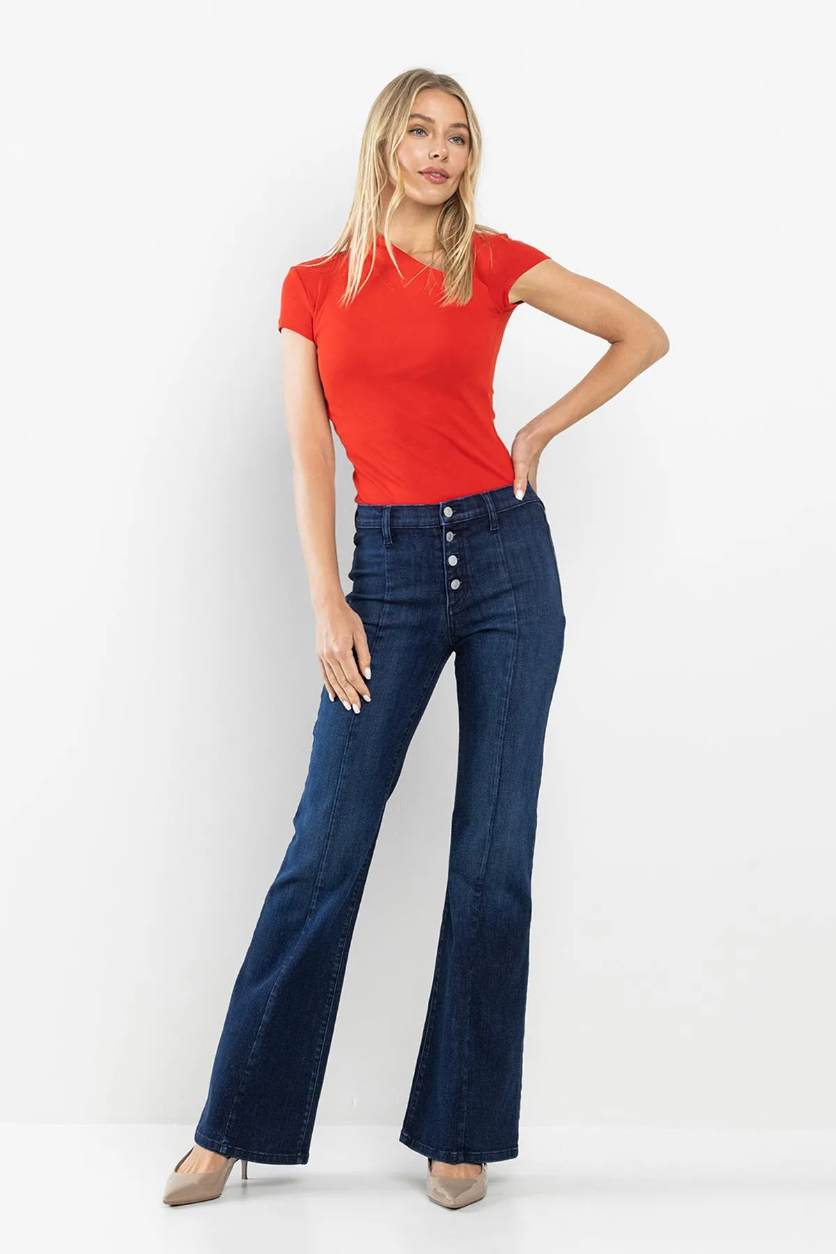 MID RISE CENTER SEAM BUTTON FLY FLARE JEANS - DARK WASH sold by Sneak Peek product image thumbnail 5