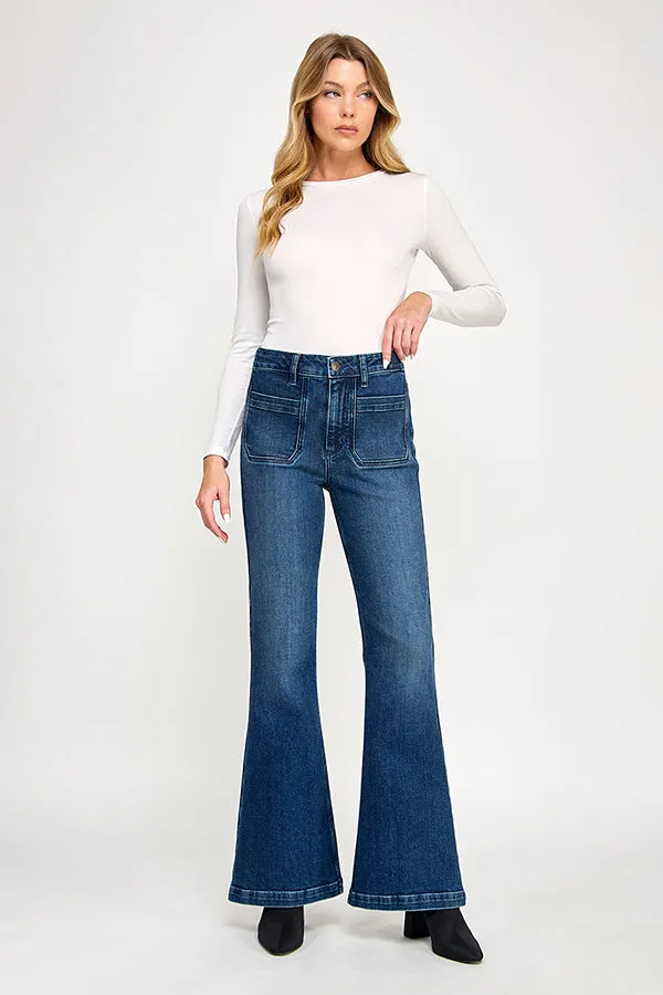 HIGH RISE FLARE JEANS IN MEDIUM DARK (P-SP-P102) sold by Sneak Peek