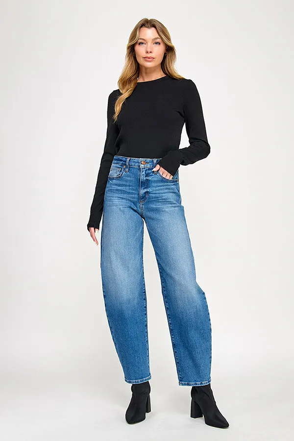 BARRYMORE - HIGH RISE BARREL JEANS IN MEDIUM BLUE sold by Sneak Peek