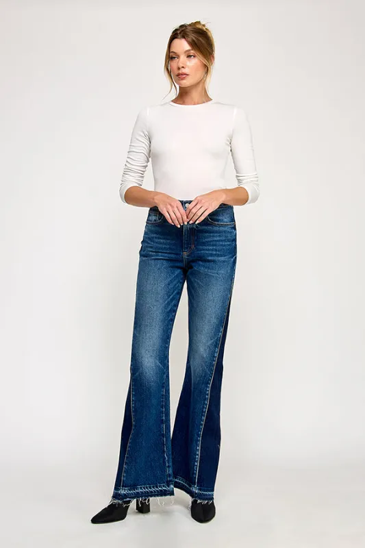 SAMANTHA - H.RISE FLARE JEANS WITH TWO-TONE STITCH IN MEDIUM sold by Sneak Peek