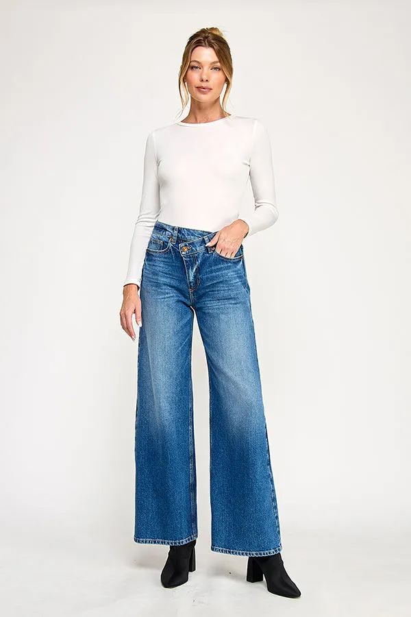 DAISY - HIGH RISE CROSSOVER Y2K WIDE LEG JEANS IN MEDIUM DARK sold by Sneak Peek