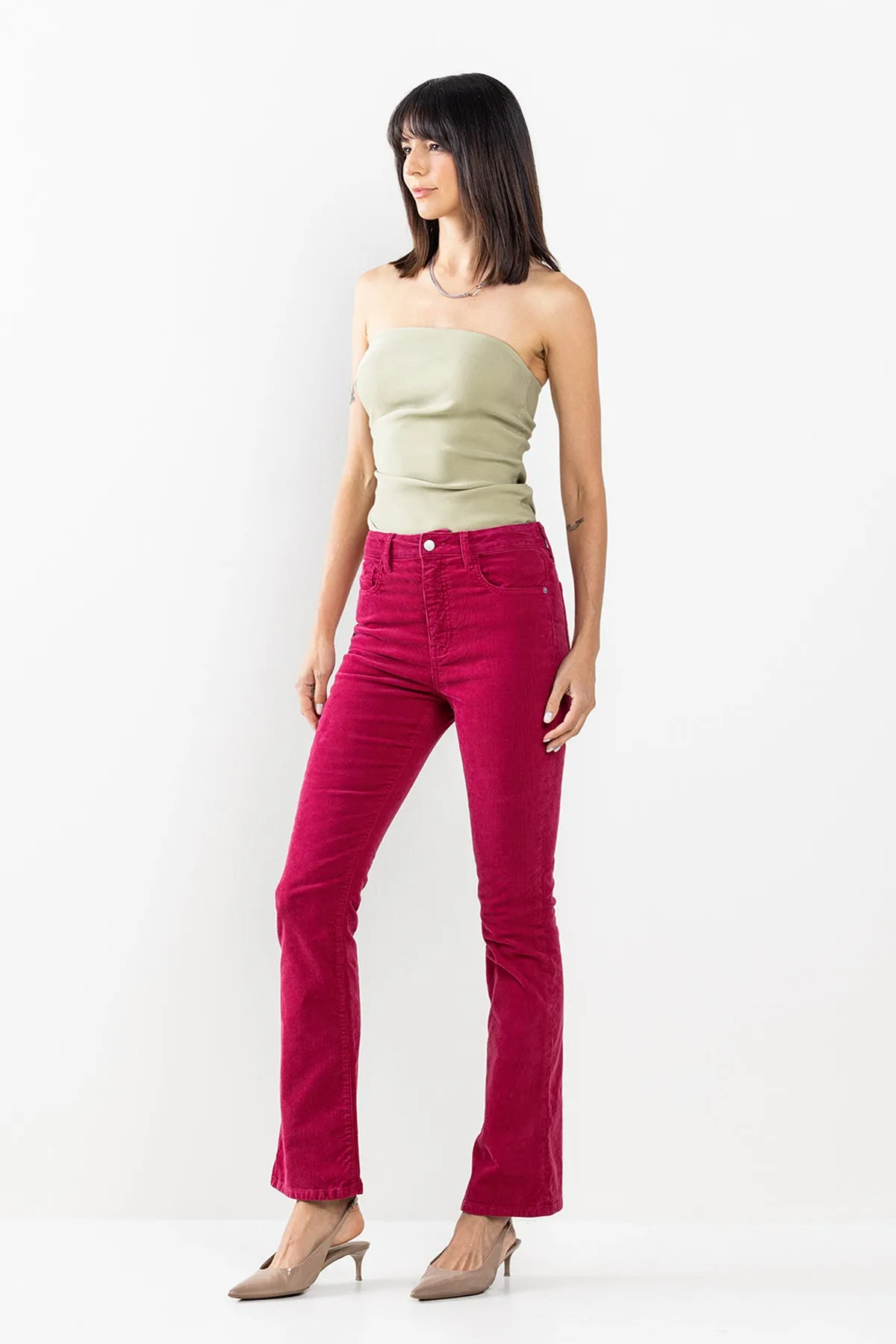 HIGH RISE CORDUROY SLIM BOOTCUT JEANS - RED PLUM sold by Sneak Peek product image thumbnail 5