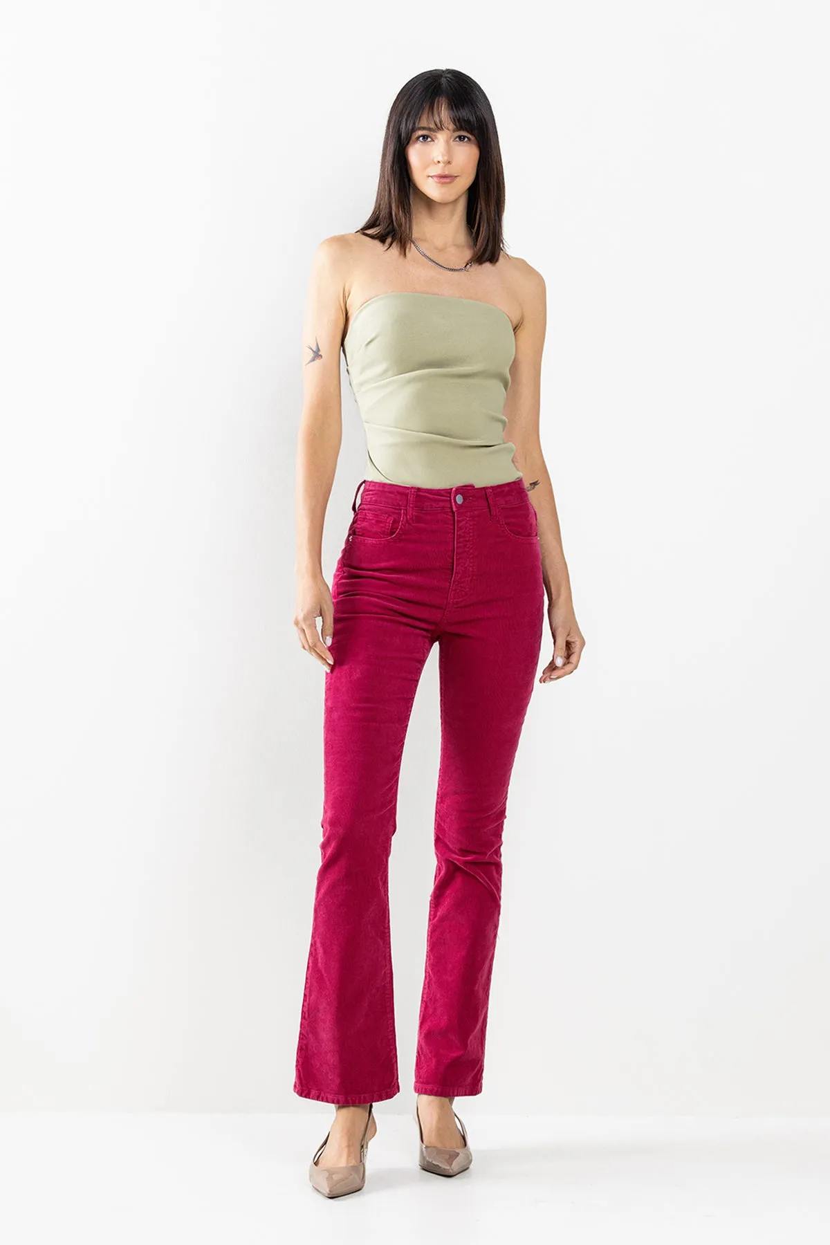 HIGH RISE CORDUROY SLIM BOOTCUT JEANS - RED PLUM sold by Sneak Peek product image thumbnail 4