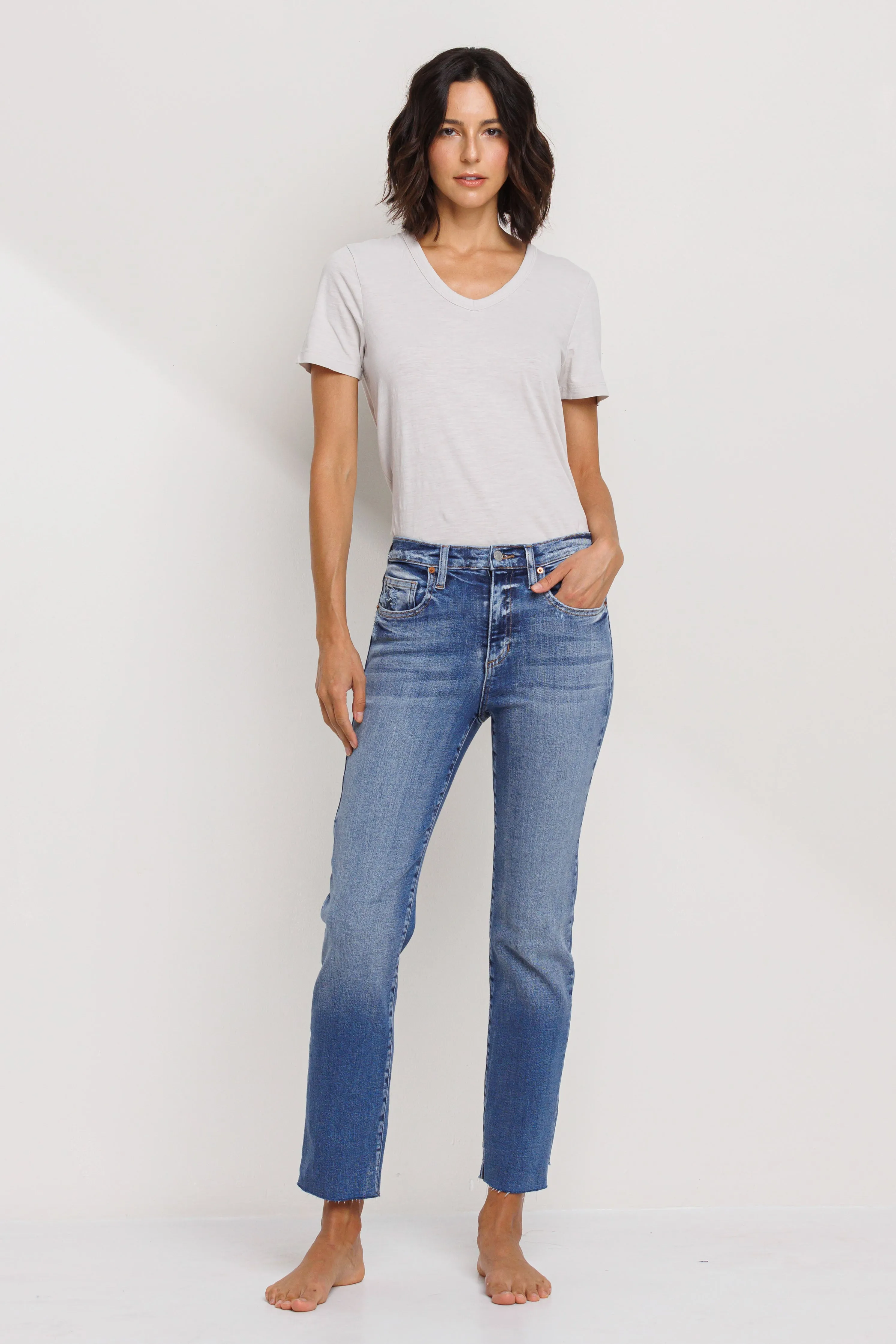 HIGH RISE SCISSOR CUT SLIM STRAIGHT JEANS - MEDIUM sold by Sneak Peek