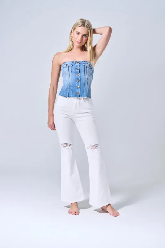 HIGH RISE KNEE DISTRESSED FLARE JEANS - WHITE sold by Sneak Peek