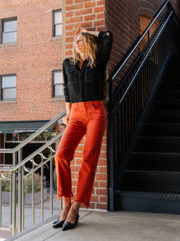 MID RISE CROPPED STRAIGHT FRAYED HEM JEANS - ROOIBOS TEA sold by Sneak Peek