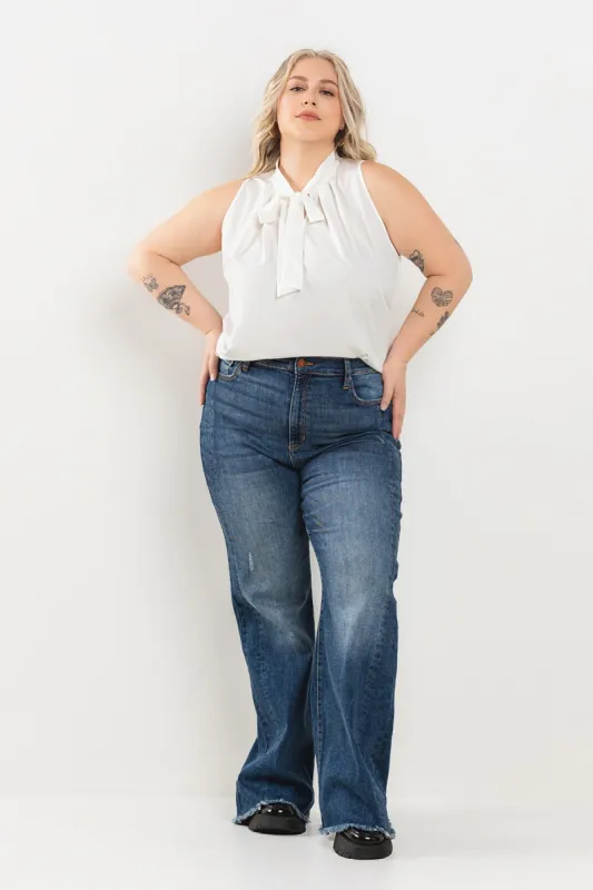 HIGH RISE ULTRA STRETCH FLARE JEANS WITH FRAY HEM IN MEDIUM WASH sold by Sneak Peek