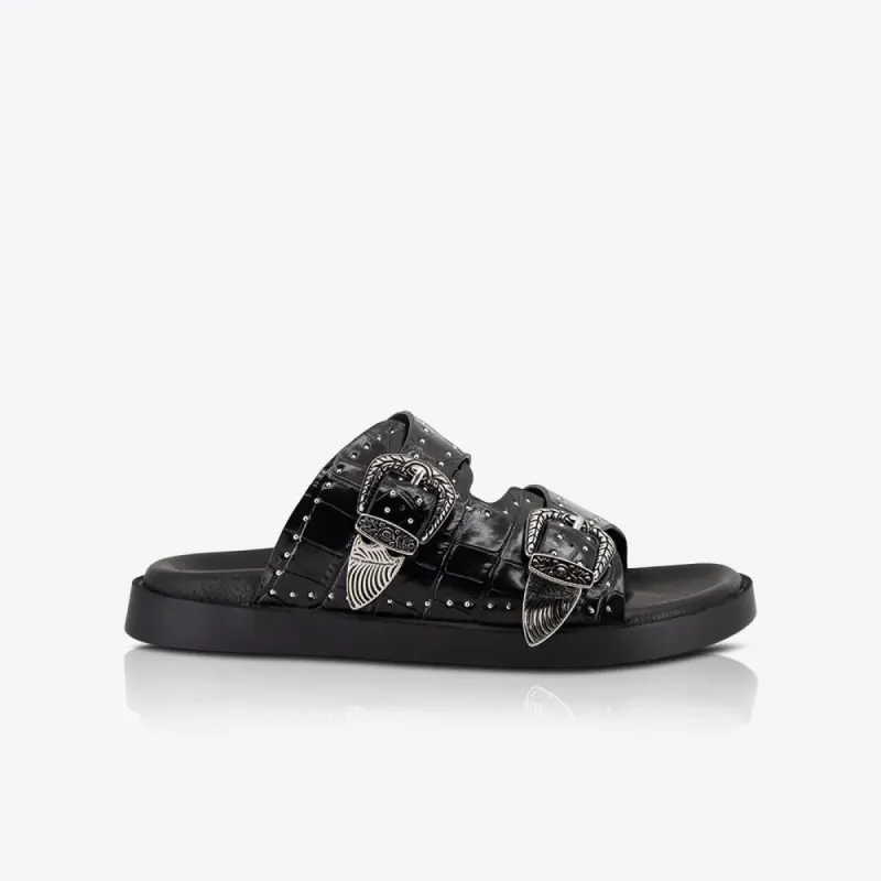 Eastwood Stud Footbed Black Croc/Silver sold by Sol Sana