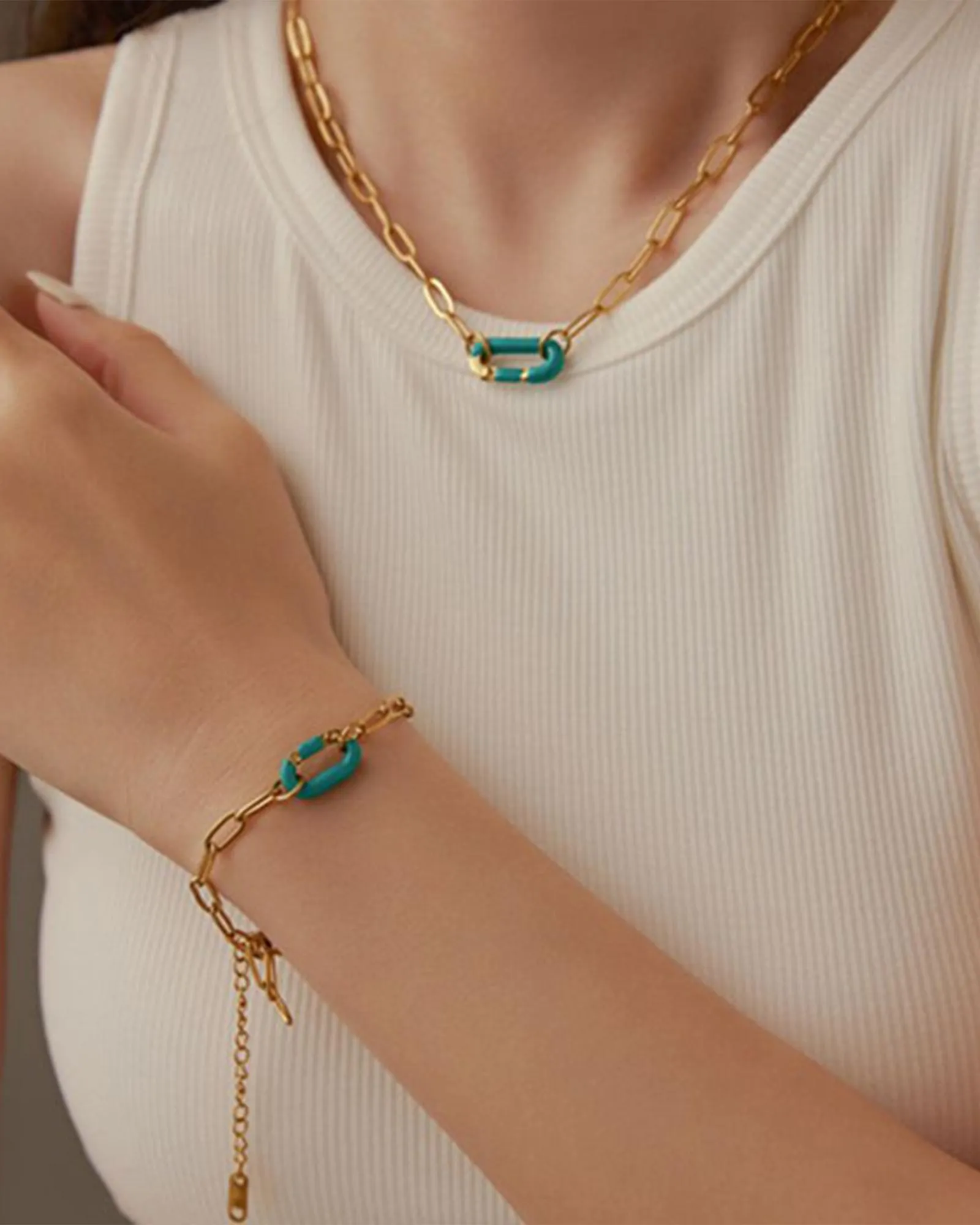 Gold Oval Link Necklace with Aqua enamel clasp Gold/Aqua sold by Sol Sana product image thumbnail 3
